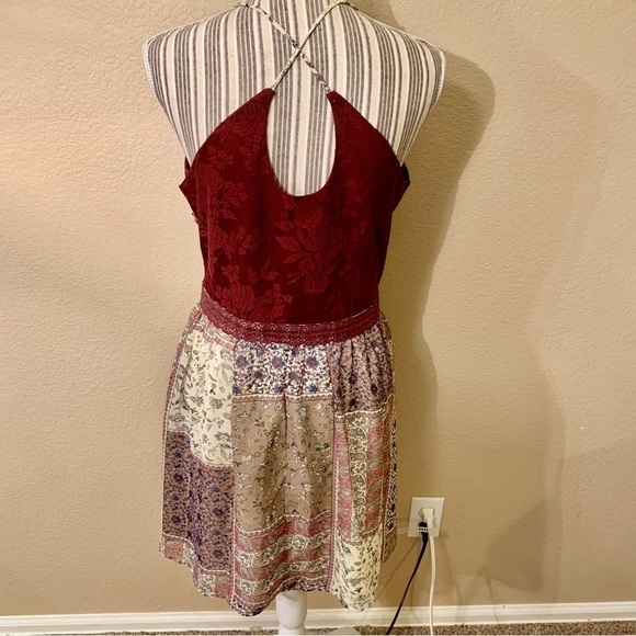 Doe & Rae Mini Dress Large Burgundy Floral Lace Patchwork Skirt Ivory Boho Flowy - Picture 10 of 16